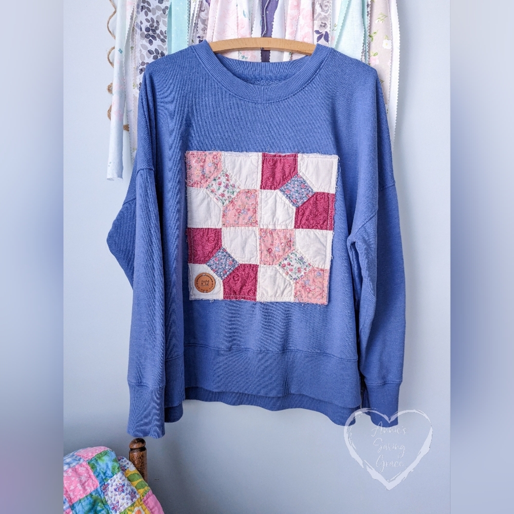 Vintage Quilt Block Sweatshirt Women's Extra-Large (XL) Upcycled Repurposed